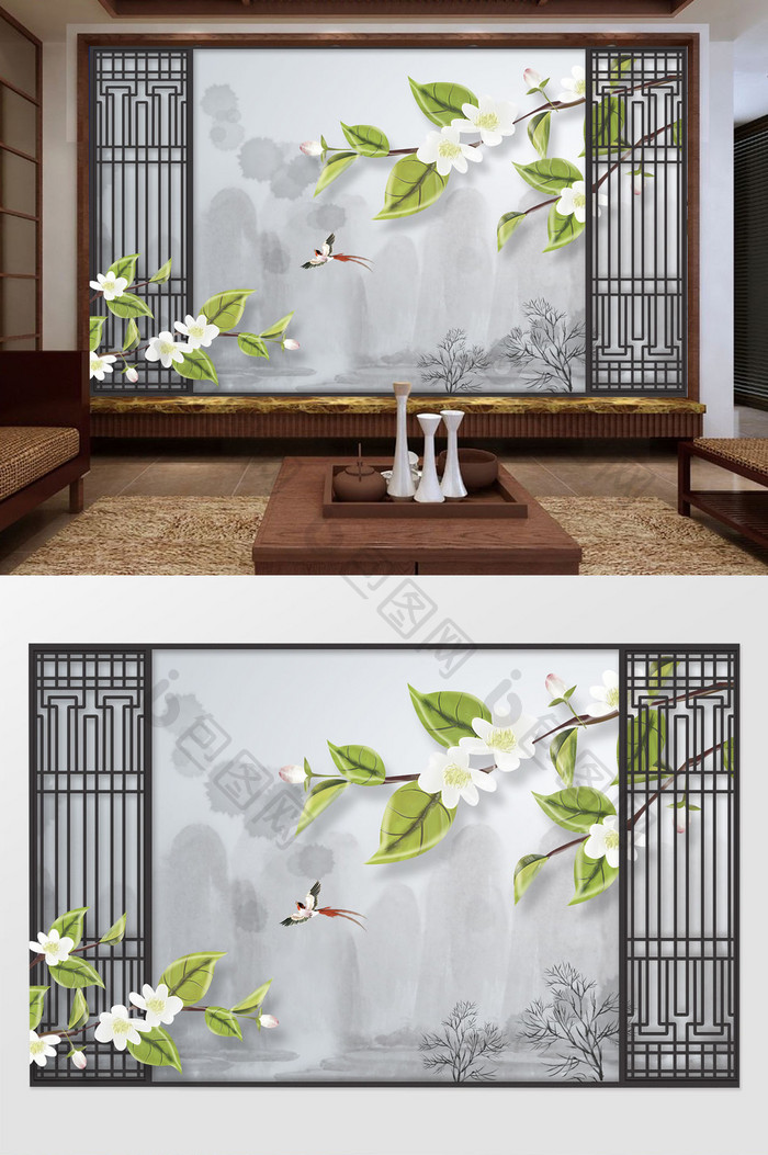 中式简约水墨山水风景绿色树叶花朵背景墙
