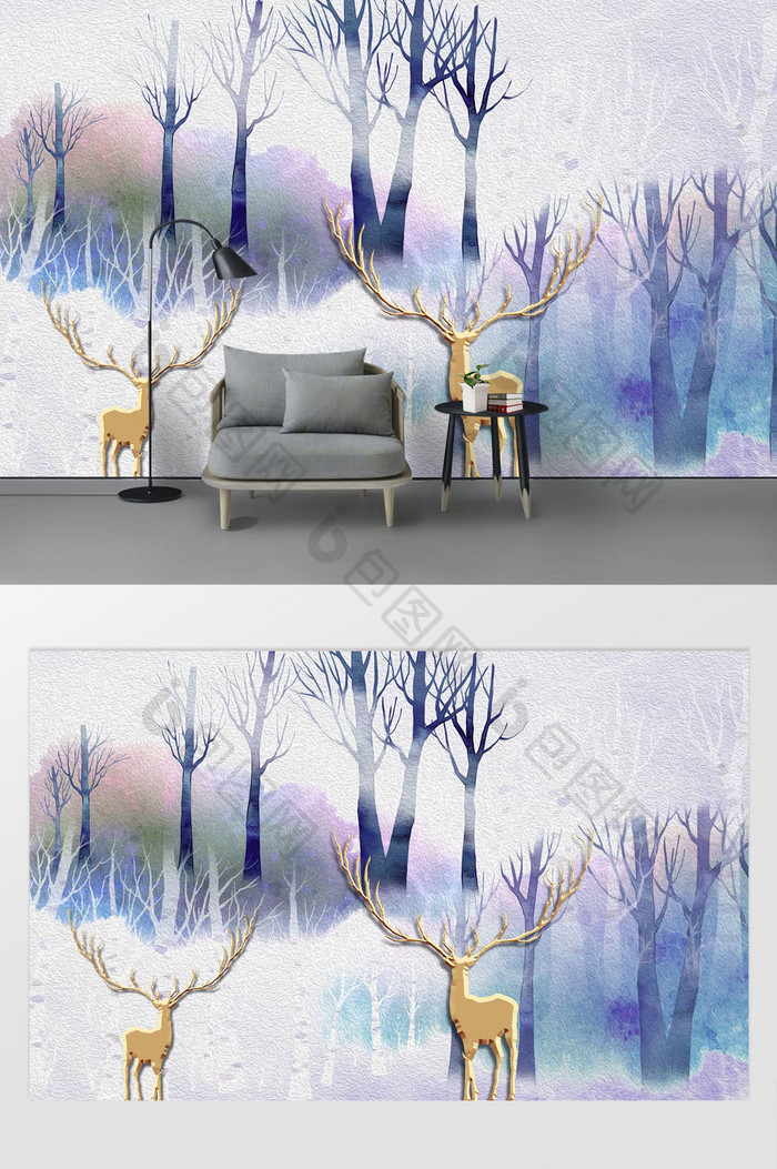 现代简约梦幻唯美紫色森林油画麋鹿背景墙