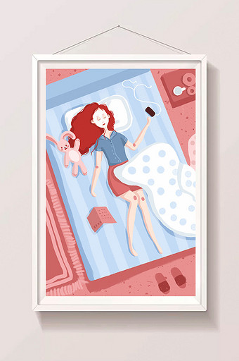蓝粉色小清新生活方式女孩敷面膜插画海报图片