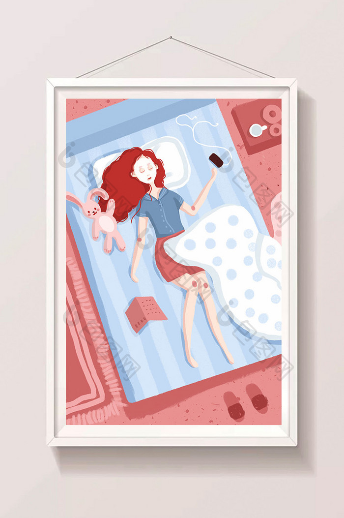 蓝粉色小清新生活方式女孩敷面膜插画海报