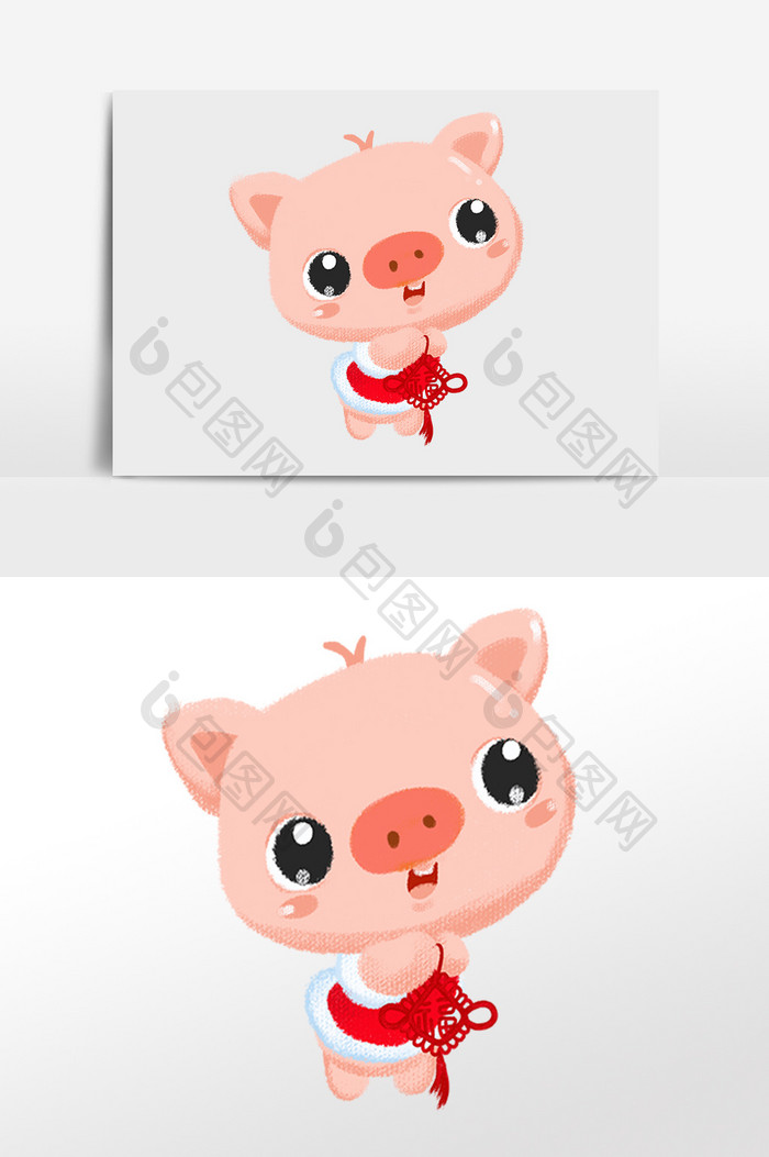 新年小猪吉祥物拿中国结手绘插画