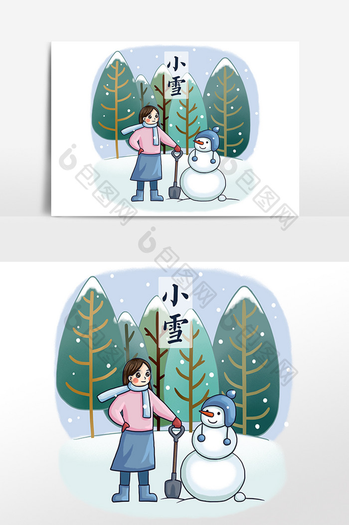 手绘小雪节气女孩堆雪人插画素材