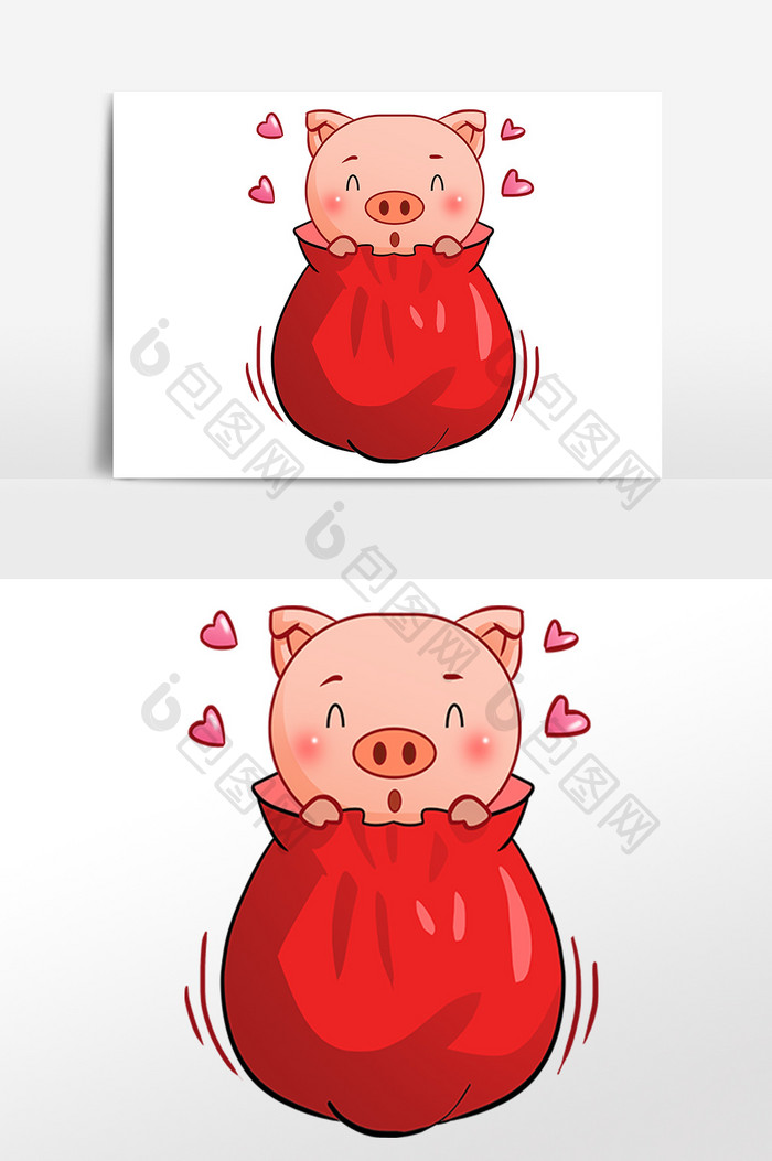 2019猪年新年吉祥物福袋里的小猪手绘插画