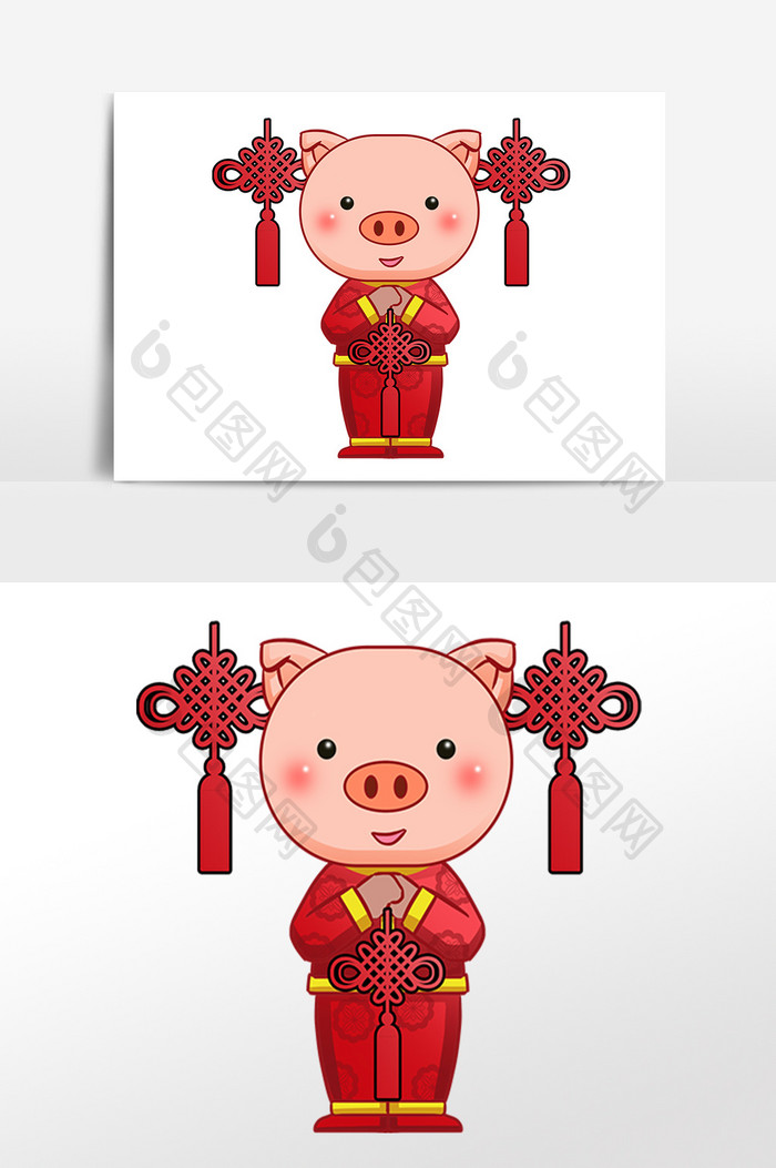 新年吉祥物小猪拿中国结手绘插画