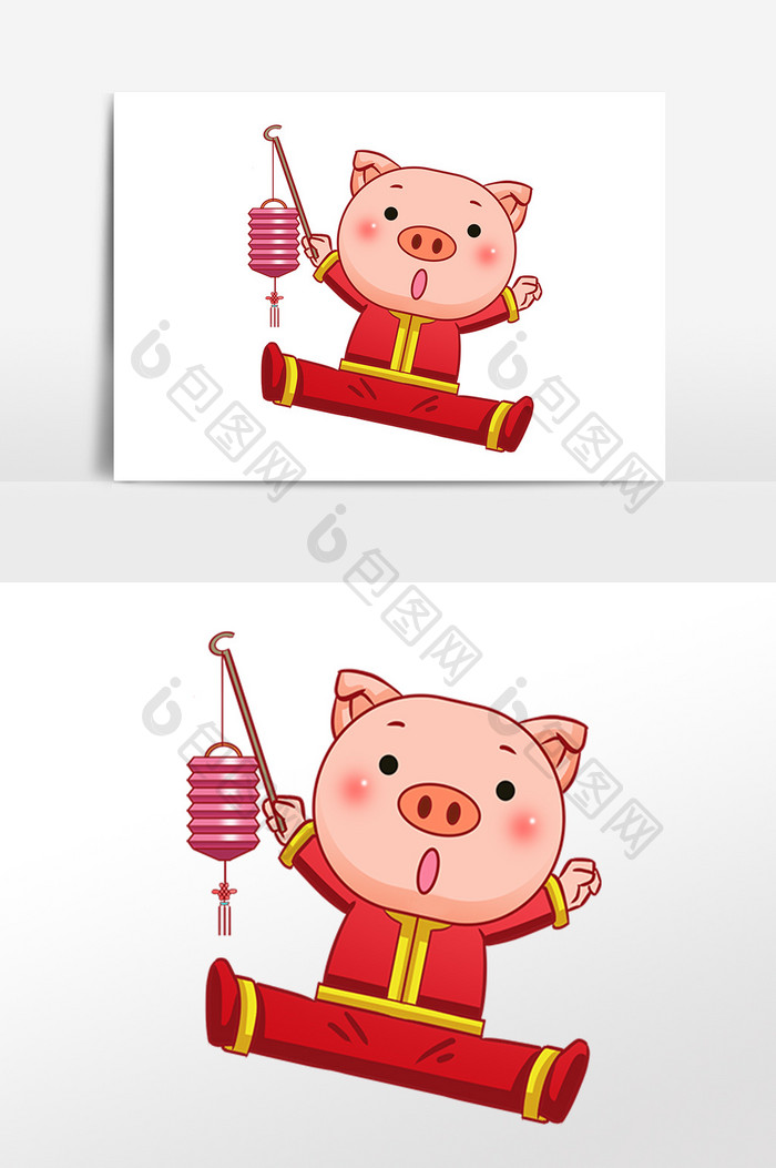新年吉祥物小猪拿灯笼手绘插画