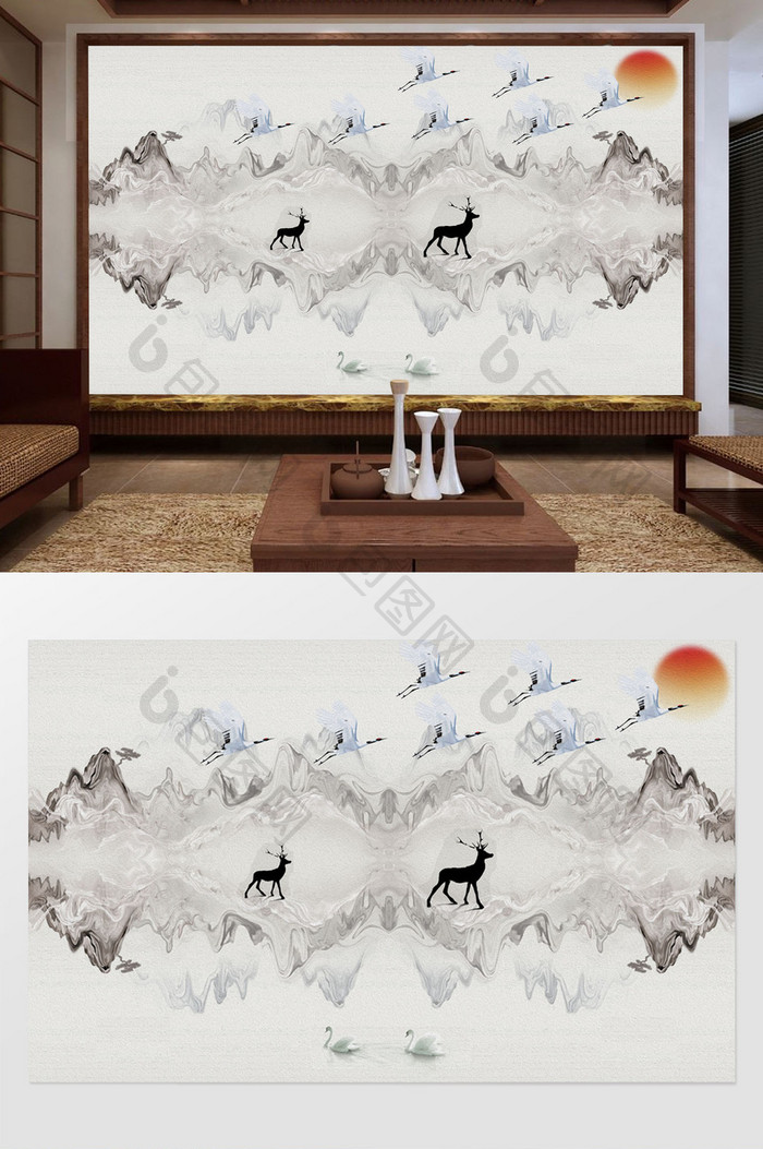 新中式抽象山水水墨飞鹤背景墙