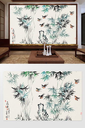 新中式水墨手绘竹子电视背景墙图片