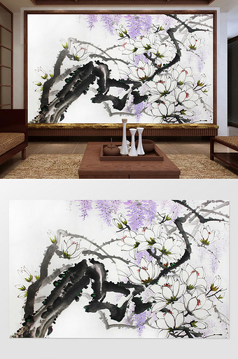 中国风水墨工笔手绘玉兰花电视背景墙图片