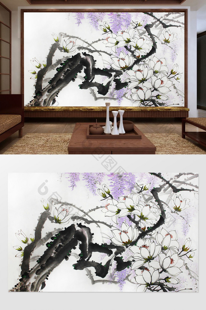 中国风水墨工笔手绘玉兰花电视背景墙