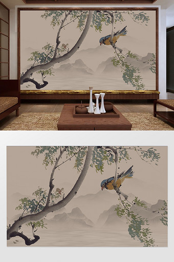 新中式工笔花鸟手绘背景墙装饰画图片