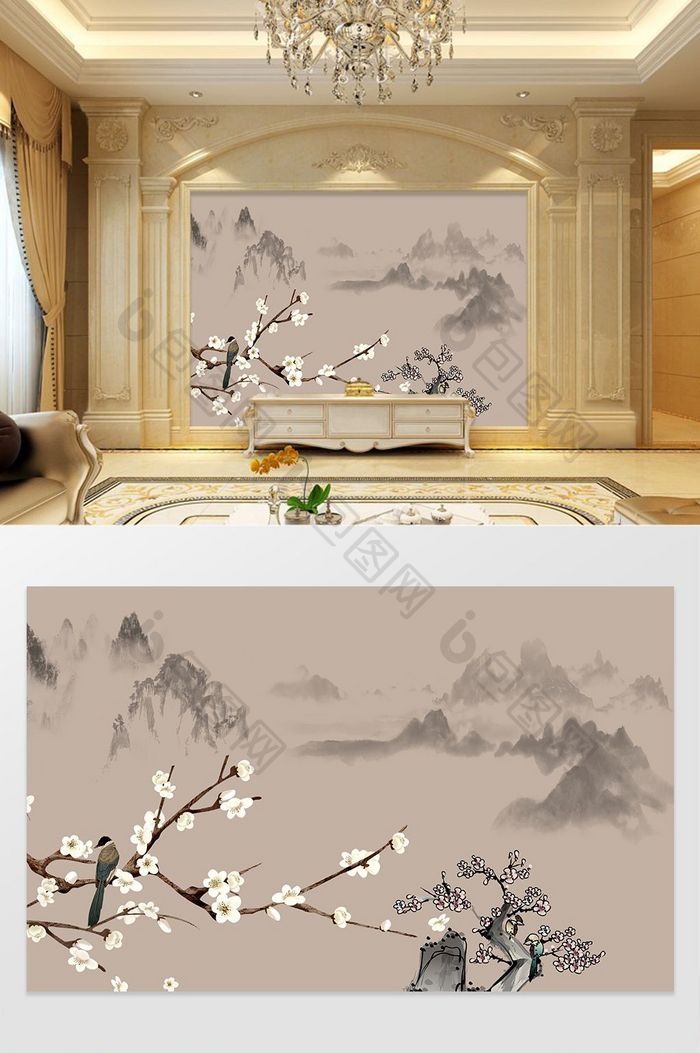 新中式工笔花鸟手绘背景墙装饰画定制