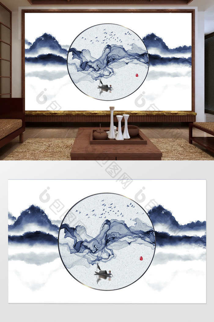 新中式抽象意境蓝色水墨山水倒影电视背景墙