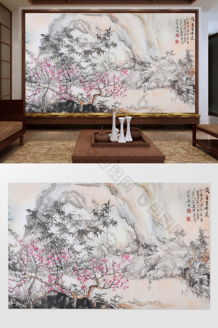 中国风手绘工笔溪虚云傍花电视背景墙