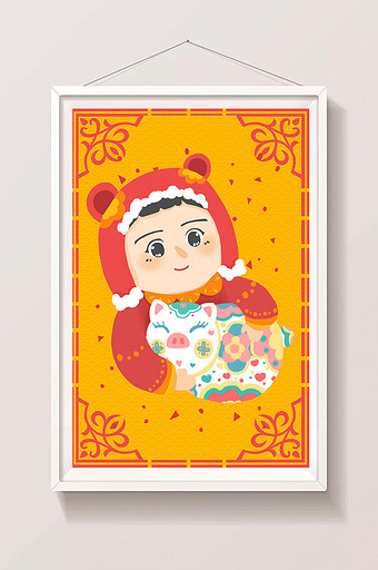 春节娃娃抱福猪卡通插画图片