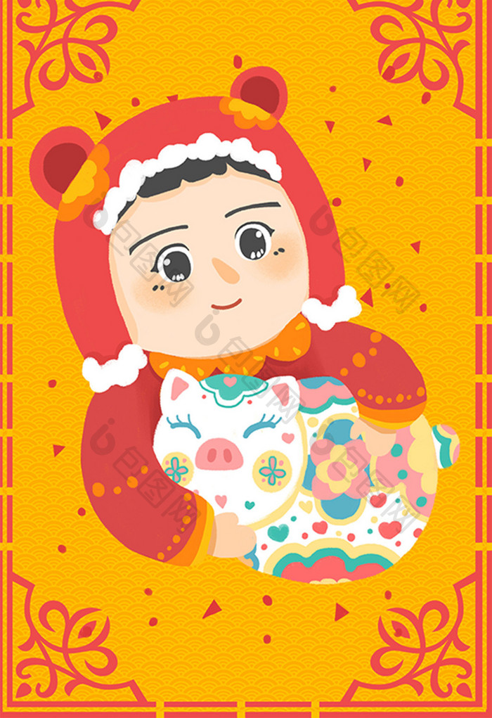 春节娃娃抱福猪卡通插画