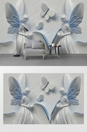 现代唯美3d立体浮雕蝴蝶美女电视背景墙图片