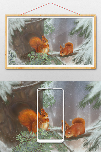 清新唯美季节节气立冬雪中森林可爱松鼠插画图片