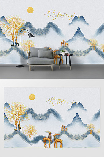 现代简约水墨蓝色山水风景金色树麋鹿背景墙图片