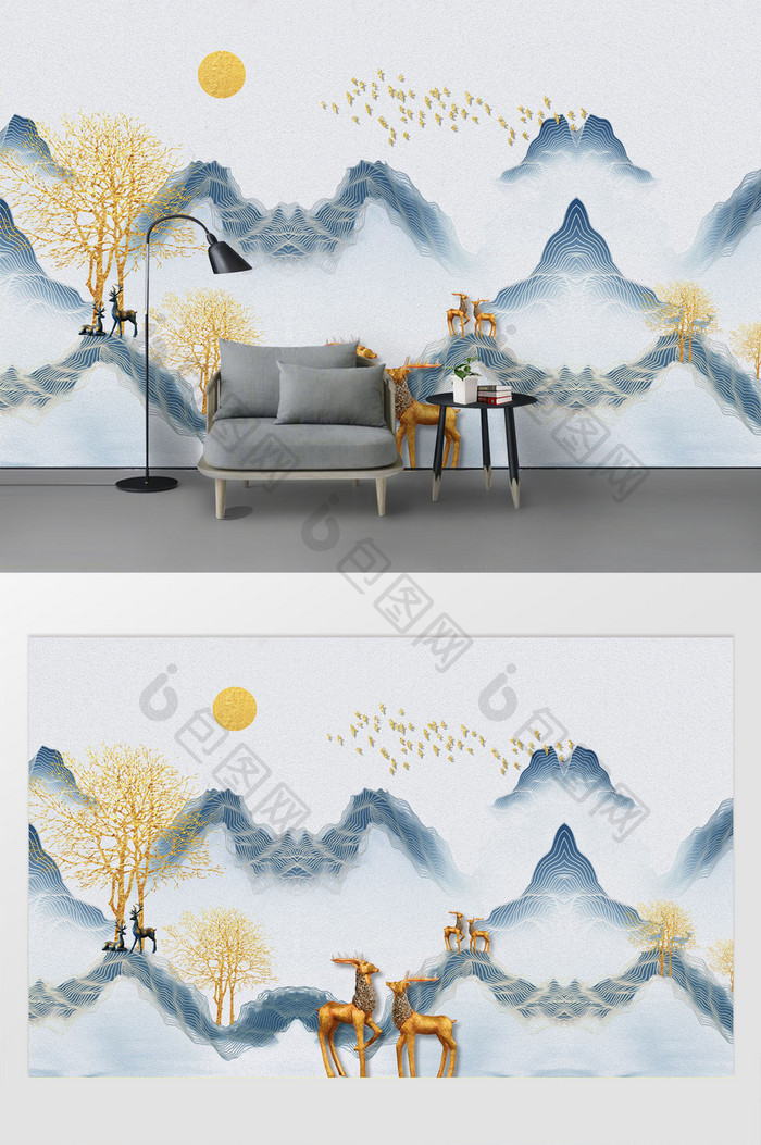 现代简约水墨蓝色山水风景金色树麋鹿背景墙