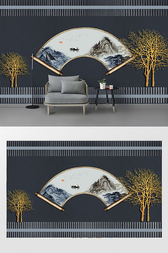 现代简约中式几何扇形水墨山水金色树背景墙图片