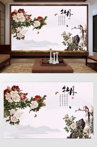 中式水墨工笔国色天香牡丹花背景墙图片