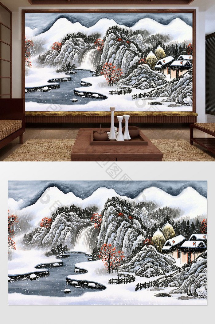 中国风国画工笔画手绘雪景山水背景墙