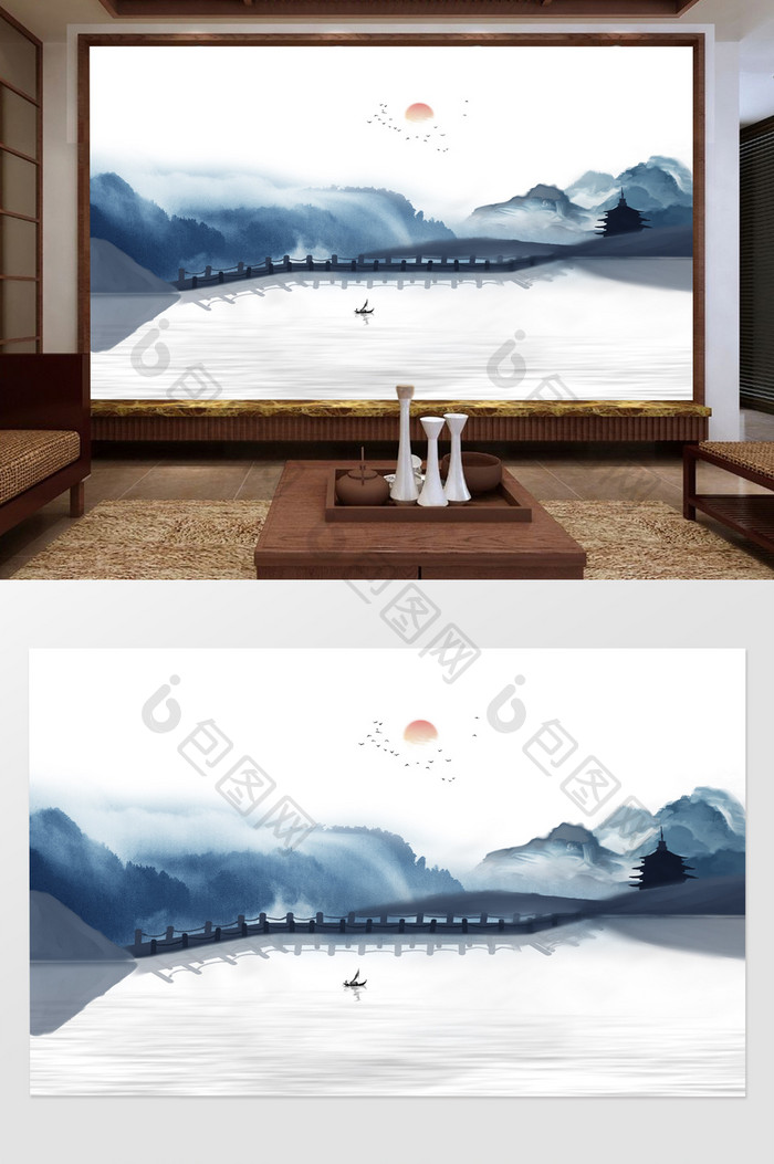新中式水墨国画抽象山水过水桥壁画背景墙