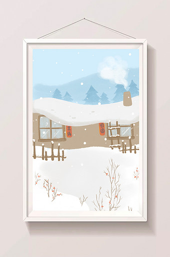 手绘雪后村庄插画元素图片
