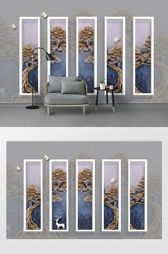 现代简约立体框紫色梦幻唯美树林麋鹿背景墙图片