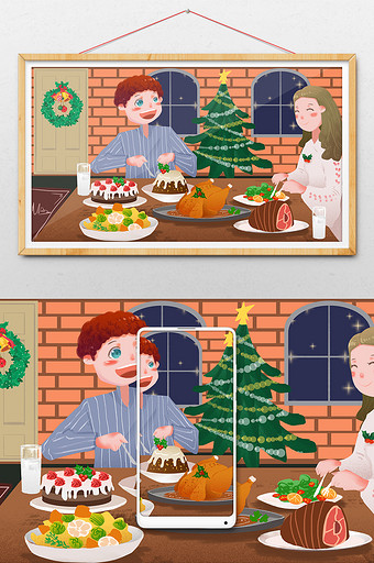 橙色扁平圣诞夜情侣浪漫进餐插画图片
