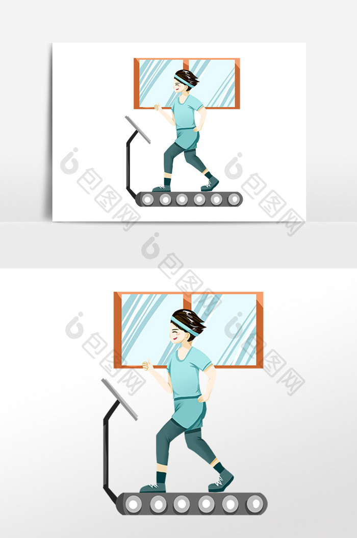 手绘健身房锻炼人物跑步机插画素材