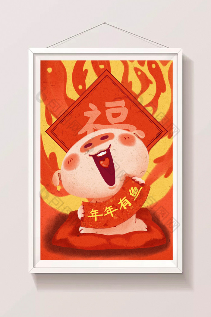 2019年猪年红色喜庆中国风春节插画