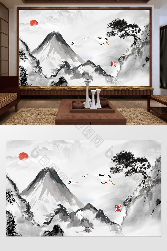 新中式唯美山峦定制电视背景墙