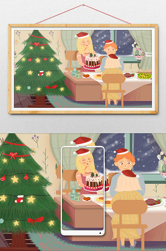 圣诞节一家人吃饭主题插画图片