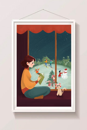 冬天看书的女孩与窗外的景色手绘插画海报