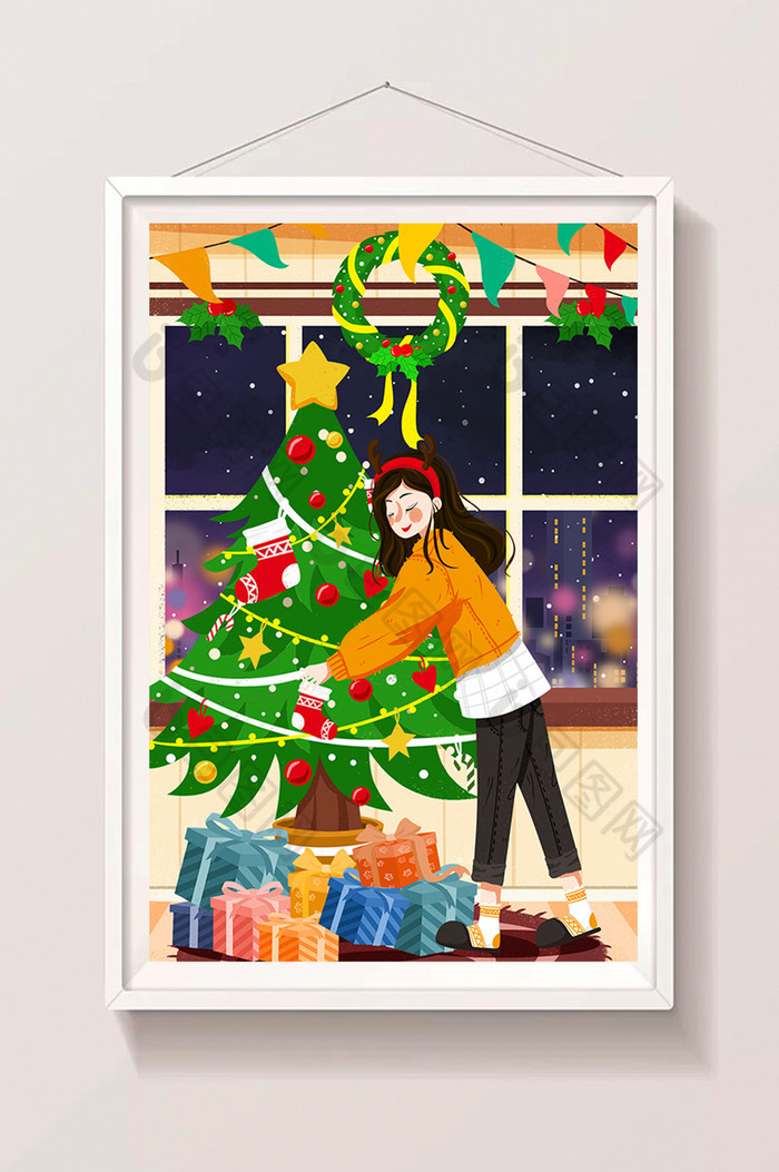 西方圣诞节插画室内女孩抱圣诞树插图片图片