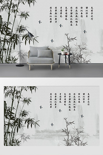 中国风水墨工笔竹子花鸟背景墙图片