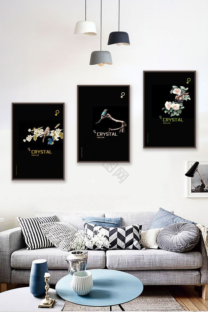 现代晶瓷花鸟艺术客厅酒店三联装饰画图片