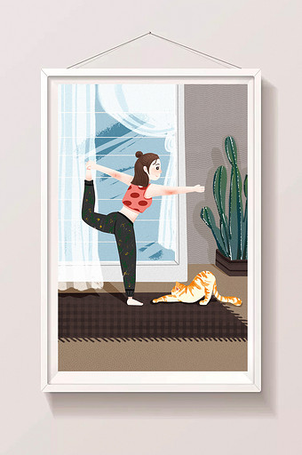 猫咪女孩练瑜伽植物插画图片