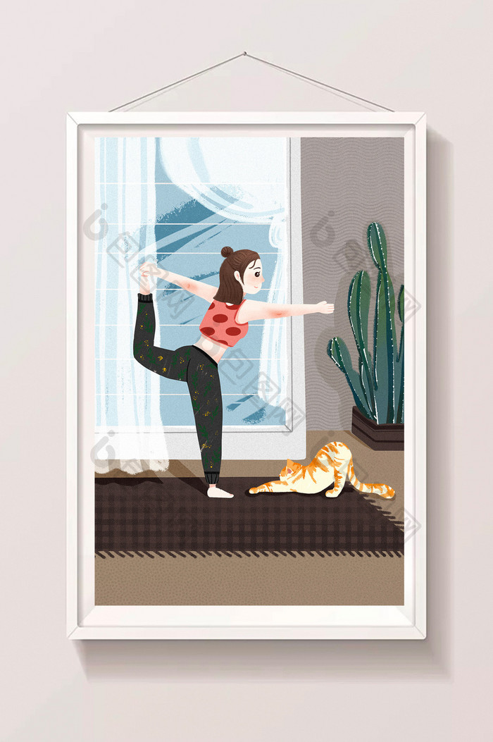 猫咪女孩练瑜伽植物插画