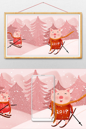 小清新简约之情侣小猪冬季滑雪图片