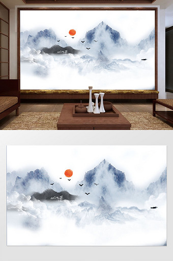 新中式意境水墨山水背景墙装饰定制图片