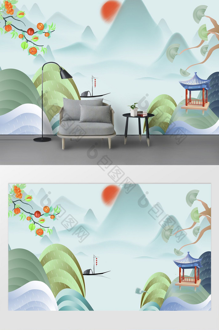 新中式意境风景唯美山水画电视背景墙