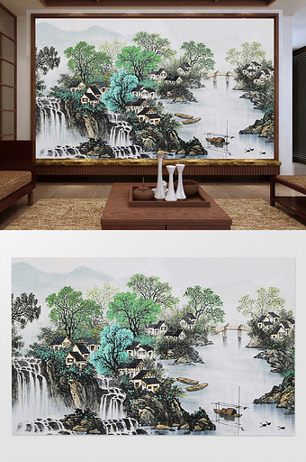 中国风山水瀑布江南风情电视背景墙图片