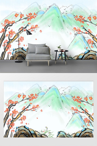 中国风水墨手绘山水江南春色背景墙图片