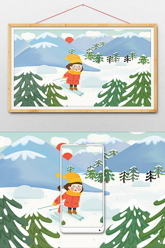 冬天冬季雪地女孩滑雪手绘卡通插画图片