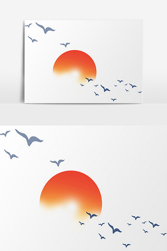 水彩墨迹绘画夕阳飞鸟元素素材图片