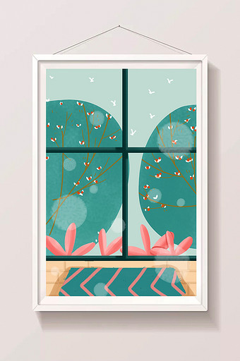 手绘窗外的树插画元素图片
