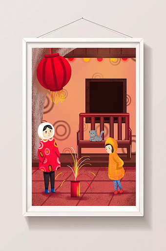 红色喜庆春节卡通手绘插画扁平图片