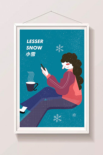 蓝色小雪冬天温暖喝咖啡插画图片